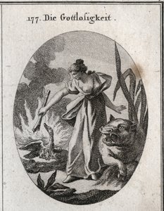 Allegorie van goddeloosheid. Gravure in "Iconologie oder Ideen aus dem Gebiete der Leidenschaften und Allegorien bildich dargestellt fur Zeichner, Mahler"