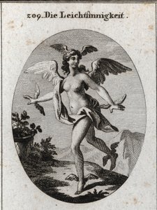 Allegorie van het licht. Ze heeft vleugels op haar hoofd, schouders, voeten en handen. Gravure in 