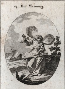 Allegorie van de mening afgebeeld lezend een boek waarvan ze lijkt voorstellen te ondersteunen. Vlindervleugels op de schouders en polsen markeren de instabiliteit van mensen in hun meningen. Diep in de achtergrond wordt een schip door de golven geslagen,  door Austrian School