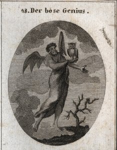 Allegorie van de tegenstrijdige geest voorgesteld door een slechte geest met vleermuisvleugels en een uil vasthoudend, vogel van slechte voortekenen. Gravure in 