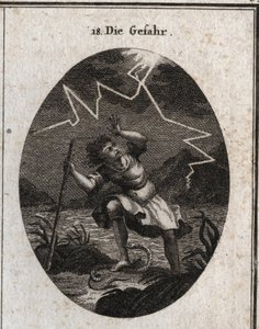 Allegorie van het gevaar, voorgesteld door een jonge man die ontsnapt aan een snelle stroom door op een slang te stappen die hem steekt en tegelijkertijd een bliksemflits achter hem. Gravure in “Iconologie oder Ideen aus dem Gebiete der Leidenschaften und  door Austrian School