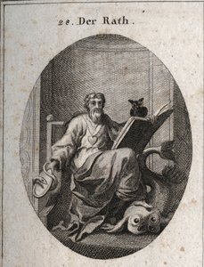 Allegorie van de representatieve raad met een gouden ketting en een hart, embleem van oprechtheid. Het boek en de uil symboliseren de penetratie van kennis door studie. De spiegel omgeven door de slang is het symbool van voorzichtigheid. De dolfijn die hij door Austrian School
