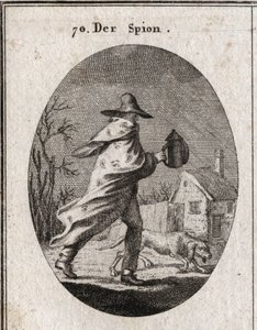 Allegorie van de spion. Zijn jas is bezaaid met ogen en oren en hij houdt een doof lantaarn vast. Een brakke hond ruikt het terrein. Gravure in 