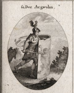 Allegorie van achterdocht verschuilt zich achter een schild waarop een leeuw staat, symbool van achterdocht volgens Aristoteles, en een haan op de helm die waakzaamheid vertegenwoordigt. Gravure in 