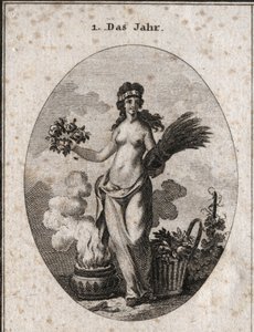 Allegorie van het jaar omringd door symbolen van de vier seizoenen (bloemenkrans voor de lente, tarwekrans voor de zomer, mand met fruit voor de herfst en vaas met vuur voor de winter). Het jaar is half ontkleed in verwijzing naar de graden van warmte en k door Austrian School