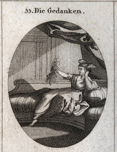 Allegorie van gedachten voorgesteld met vleugels aan het hoofd en een bos draden in de hand, beeld van de verwarring die de verschillende gedachten geven. Gravure in 