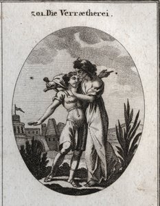 Allegorie van verraad. Een afschuwelijke oude vrouw streelt een knappe jonge man en bereidt zich tegelijkertijd voor om hem te steken. Gravure in 