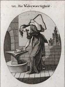 Allegorie van beproeving. Ze houdt een hart op een aambeeld en slaat het met een kleine bloem om aan te geven dat beproeving alles wat ruw en onrein is wegneemt. Gravure in 
