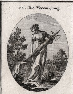 Allegorie van eenheid. Gekroond met olijfboom symbool van vrede, en vreugde die allegorie vertegenwoordigt. Het stroomt op een bundel strak gebonden stokken zonder de afbeelding van kracht en eenheid te buigen. Gravure in 