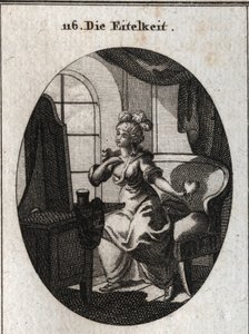 Allegorie van ijdelheid. Verlangend om te behagen en beschouwd te worden, wordt ze afgebeeld voor haar toilet terwijl ze zichzelf vleit voor de spiegel met een hart in haar hand. Gravure in 