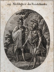 Allegorie van de ijdelheid van rijkdom: Keizer Constantijn de Grote tekent met zijn speer een menselijk lichaam op de grond en zegt: 
