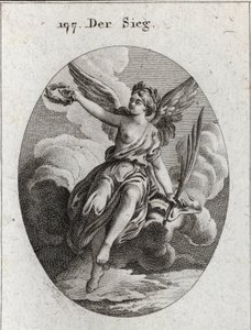 Allegorie van overwinning. Ze heeft vleugels en houdt een palm en een lauwerkrans vast. Gravure in "Iconologie oder Ideen aus dem Gebiete der Leidenschaften und Allegorien bildich dargestellt fur Zeichner, Mahler, Dichter, Gelehrte, Erzieher und freunde Ho