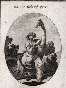 Allegorie van vraatzucht. De struisvogel is het attribuut van gulzigheid, we voegen een magere en hongerige wolf toe voor een grotere vraatzucht. Gravure in 