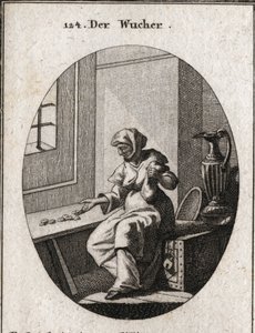 Allegorie van slijtage zittend op een kluis, ze telt munten. Andere rijkdom is dichtbij haar voor grotere veiligheid. Gravure in 