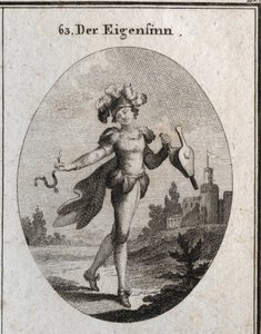Allegorie van gril. Zijn kostuum en veren markeren de wispelturigheid van de grillen van de grillige. De blaasbalg en de spoor die hij vasthoudt, tonen aan dat hij zowel deugd als ondeugd prijst. door Austrian School