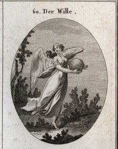 Allegorie van wil. Ze wordt afgebeeld met vleugels en houdt een bal van verschillende kleuren vast. Gravure in 