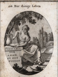 Allegorie van het werkende leven zittend in de schaduw van een wijnstok. Ze wordt afgebeeld terwijl ze zich voorbereidt om te eten in een vijver en een kind wiegt met haar voet. Ploeginstrumenten liggen naast haar. Gravure in 