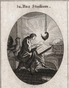 Allegorie van schrijven aan een bureau verlicht door licht. De haan is het attribuut van waakzaamheid. Gravure in 