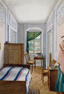 Kleine kamer in Biedermeier-stijl, aquarel, Oostenrijk
