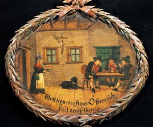 Klanten zittend aan tafel in herberg en serveerster, ovaal bord voor herberg, Oostenrijk door Austrian School