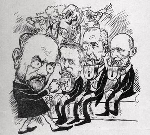 Emile Zola probeert de sloten te ontgrendelen die de monden van presidenten Jean Casimir-Perier en Felix Faure sluiten, evenals die van president van de Raad Jules Meline, terwijl op de achtergrond Henri Rochefort spreekt door Austrian School