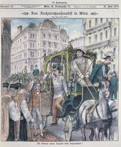Keizer Franz Josef van Oostenrijk arriveert bij de Stephansdom in Wenen om het feest van Corpus Christi (Fronleichnam) te vieren, 1897 door Austrian School