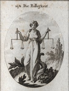 Allegorie van rechtvaardigheid die twee schalen op dezelfde hoogte houdt. Haar attribuut is de hoorn des overvloeds om te laten zien dat ze met goedheid beloont na rechtvaardig te hebben geoordeeld. Gravure in 