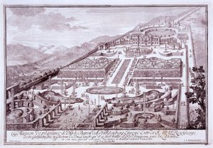Prachtige tuinen en paleis van Baron de Huldenburg, gebouwd door hem in Widlingsau, 1719 door Austrian School
