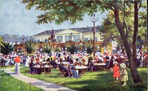 Ansichtkaart met de terras van het Meierei-Tivoli café, Schönbrunn Kwartier, Wenen