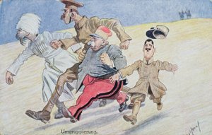 Hergroepering, Rusland, Groot-Brittannië, Frankrijk en Italië vluchten voor de Oostenrijkers en Duitsers aan de horizon, Eerste Wereldoorlog ansichtkaart