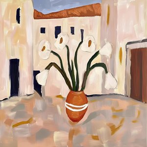 Terracotta pot met witte bloemen