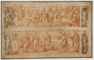 Twee frieses, de een boven de ander, met scènes uit de vroege geschiedenis van Rome