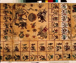 Representatie van Azteekse goden en vakjes die overeenkomen met de kalender. Pagina van het Azteekse manuscript op schors 