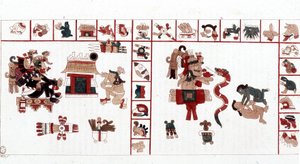 De Azteekse god Cihuacohuatl afgebeeld in een hiërogliefisch manuscript, pictogrammen