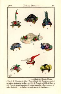 Dameshoeden ontwerpen door hoedenmaker Marcelle Demay. Modèles de Marcelle Demay. Handgekleurde pochoir (stencil) ets naar een illustratie van B. Berty uit Tommaso Antongini’s Journal des Dames et des Modes, Aux Bureaux du Journal des Dames, Parijs