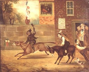 Een ezelrace buiten de Cock and Bottle Inn