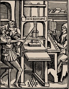 Prelum Ascensianum: drukkerij met de drukpers in werking, 1508