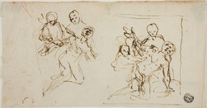 Twee compositieschetsen van in elkaar zakkende figuur ondersteund door twee andere figuren (recto); compositieschets van knielende figuur begeleid door twee andere figuren door Baldassare Franceschini
