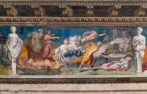 Procris doorboord door de onfeilbare speer, Cephalus rent naar haar toe en Aurora en Titone op een wagen getrokken door vier paarden