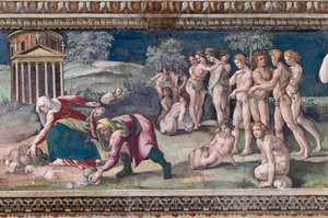 Deucalion en Pyrrha gooien stenen door Baldassarre Peruzzi