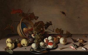 Fruit stilleven met mand, mosselen en vlinder, eerste helft van de 17e eeuw