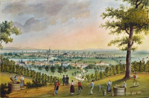 Druivenoogstfeest in de wijngaarden boven Heiligenstadt, met uitzicht op Wenen ... (gouache)
