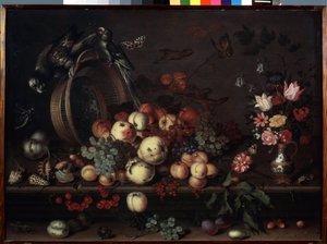 Stilleven met fruit, bloemen en papegaaien door Balthasar van der Ast