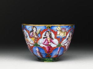 Kom met deksel, schotel en lepel met astrologische decoratie, begin 19e eeuw
