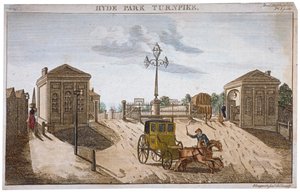 Uitzicht op Hyde Park Corner Turnpike, Westminster, Londen, 1792