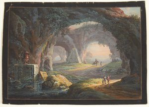 Een fantasielandschap met antieke ruïnes en figuren