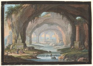 Landschap met Doorbroken Grotten, Grafmonumenten, een Rivier en Figuren