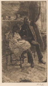 Interieur met een man en een meisje die samen een boek lezen