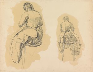 Twee studies van een vrouw, zittend op een kruk, op de rug gezien door Barbara Elisabeth van Houten