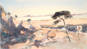 Landschap: Boom met roze bergen